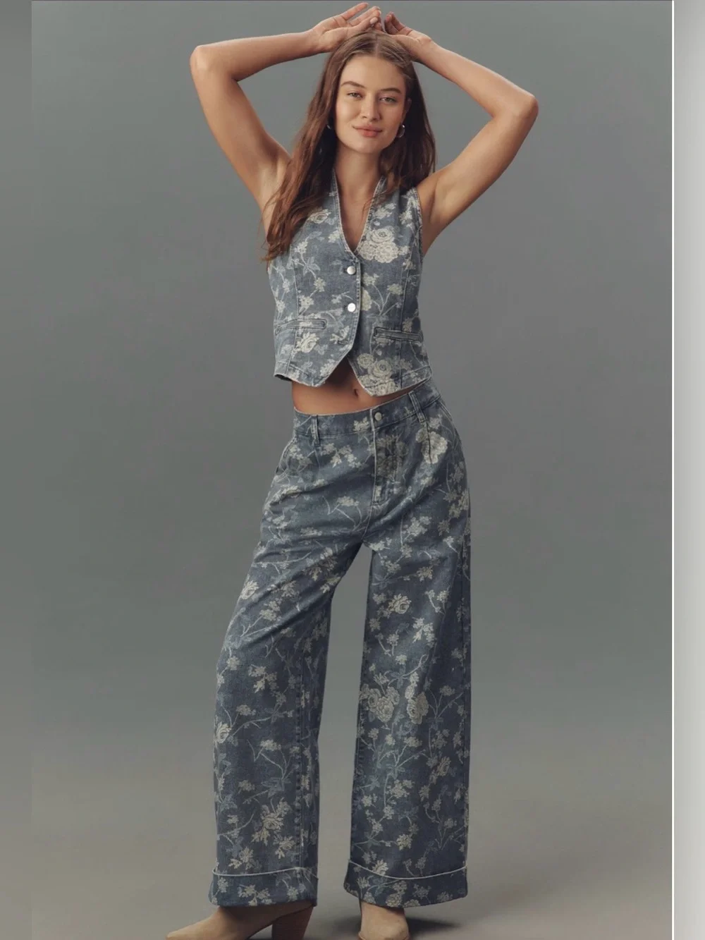 PILCRO The Leon Double Hem High-Rise Wide-Leg Cuffed Jeans Floral 30 - Picture 2 of 15